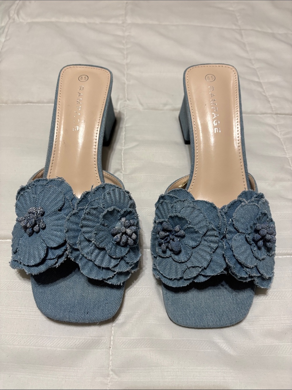 Rampage Denim Blue Floral Appliqué Block Heel Mules